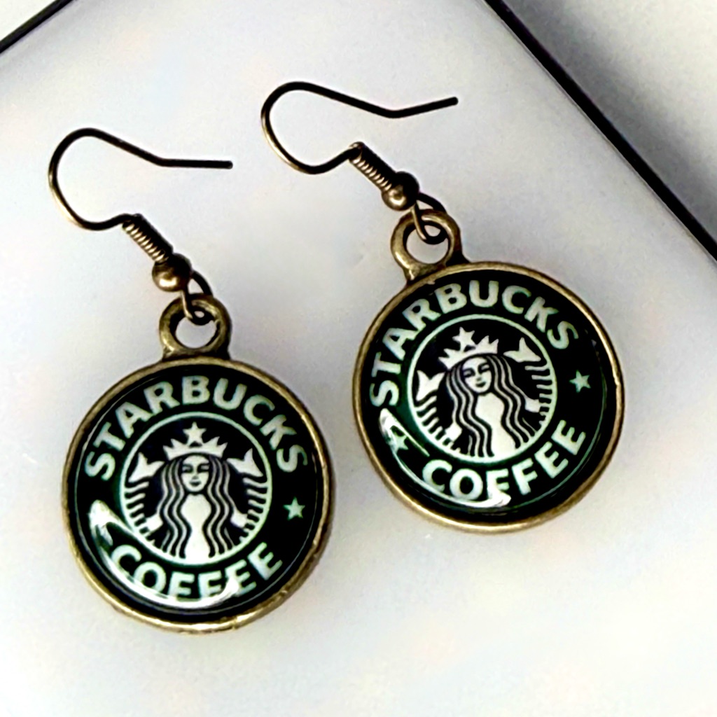Starbucks Coffee Logo Dangle Earrings ~1” Gold Tone Hook Style